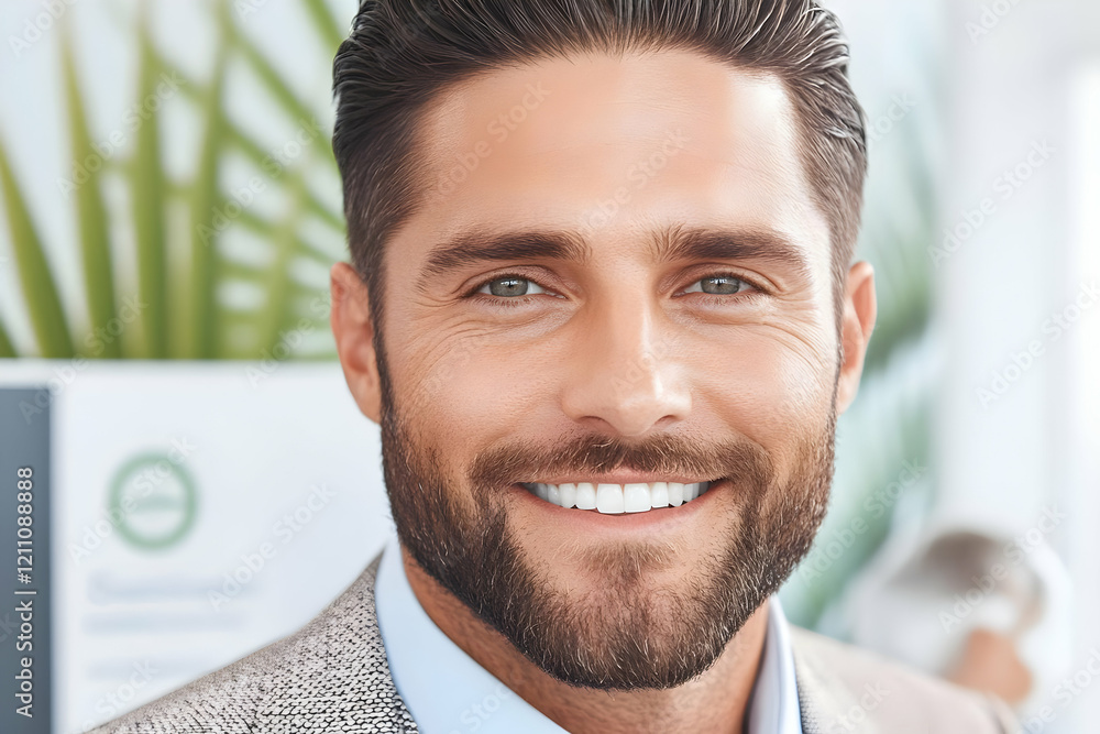 Poster portrait of a smiling man with a beard in a professional setting