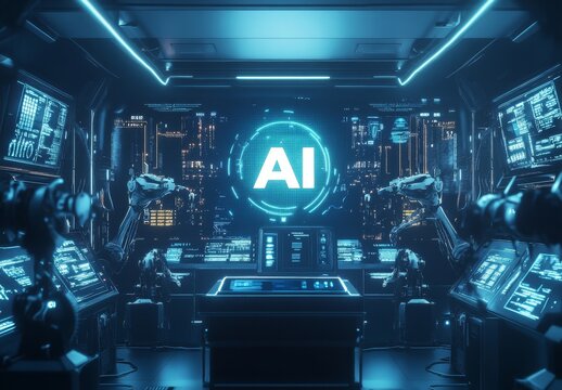 AI control room with robotic arms and futuristic interface.