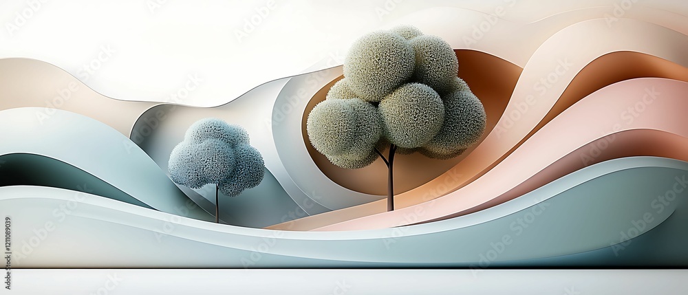 Aufkleber abstract landscape featuring layered waves in soft colors, accentuated by stylized trees, creating a