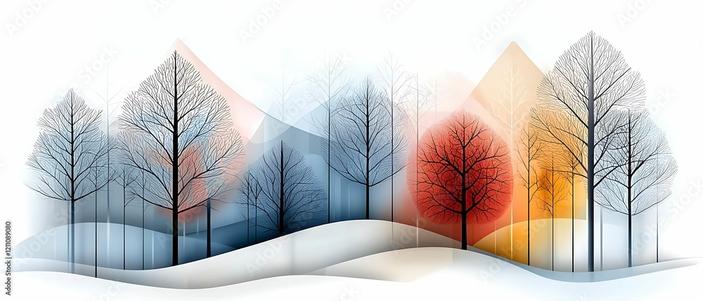 Poster stylized forest landscape with abstract trees and colorful mountains in the background, evoking a se