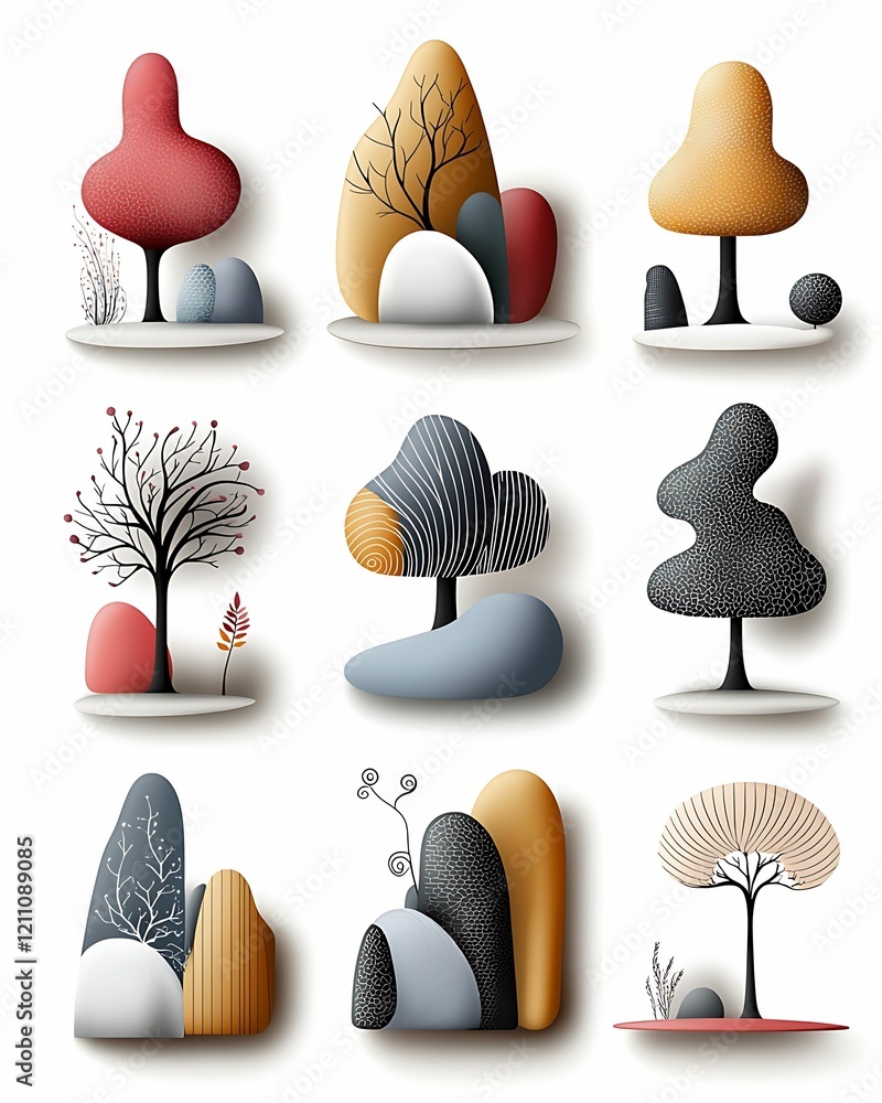 Aufkleber colorful abstract trees and shapes arranged in a grid, featuring various textures and colors, blendi