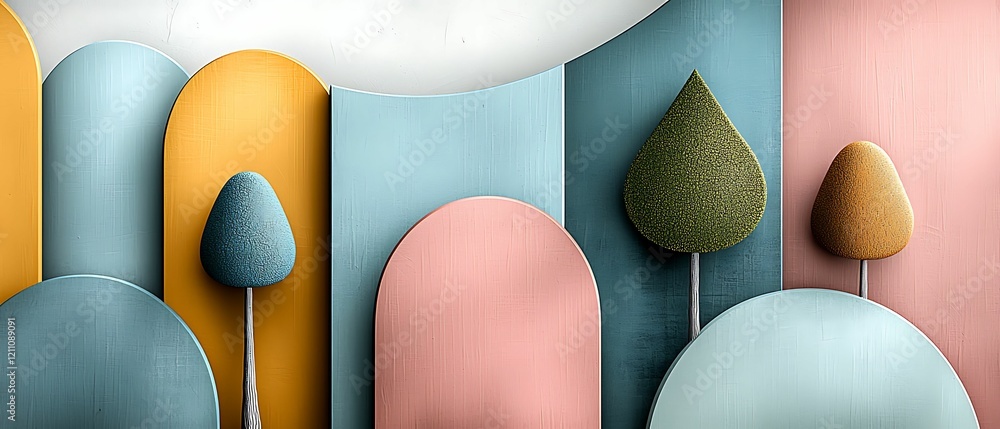 Aufkleber colorful abstract landscape featuring stylized trees and geometric forms, creating a modern artistic