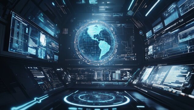 Futuristic control room with holographic Earth and data screens.