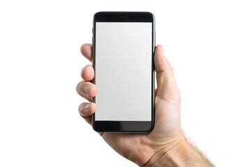 Hand holding black mobile with blank white screen isolated on white background, blank white screen mock up