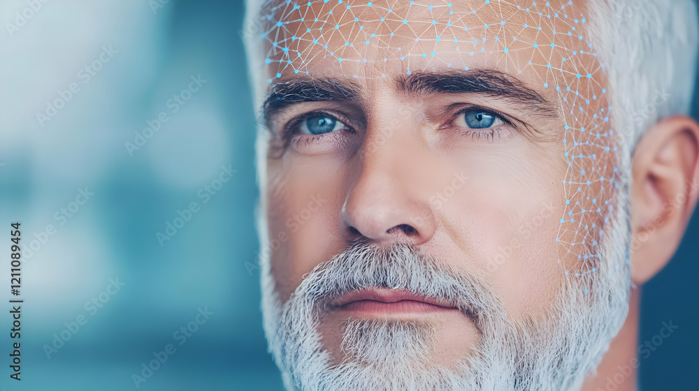 Poster close-up of man with futuristic network interface on skin in technological environment.