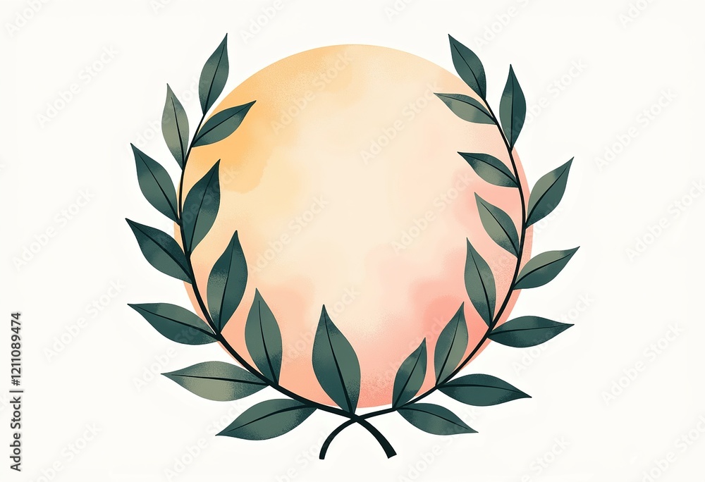 Poster minimalist circle with delicate leaves: soft summer color scheme. isolated mixed media design on pur