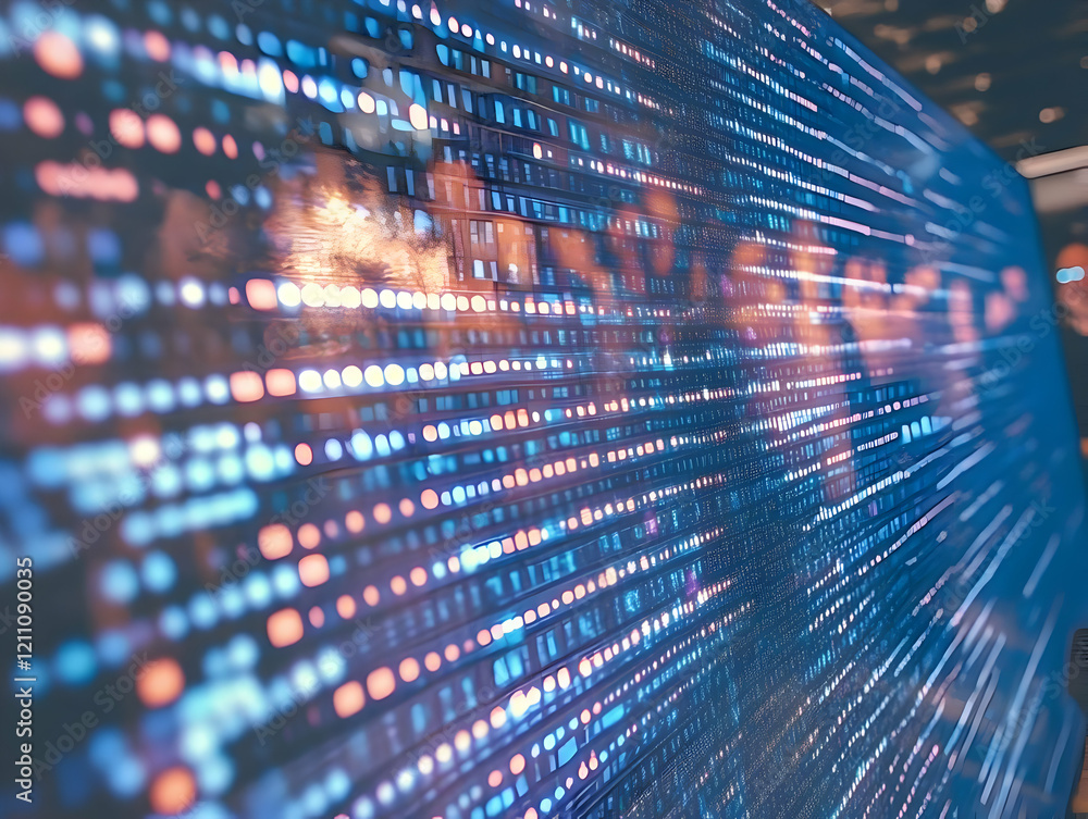 Poster abstract background shows blurry lights and data streams in motion blur effect