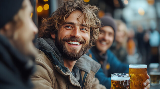 happy young people sitting in a restaurant or pub drinking beer