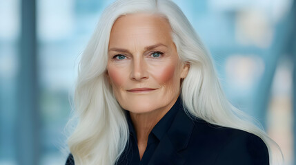 Fototapeta premium Portrait of a Senior Woman with Long White Hair, Confidently Posing in a Professional Setting