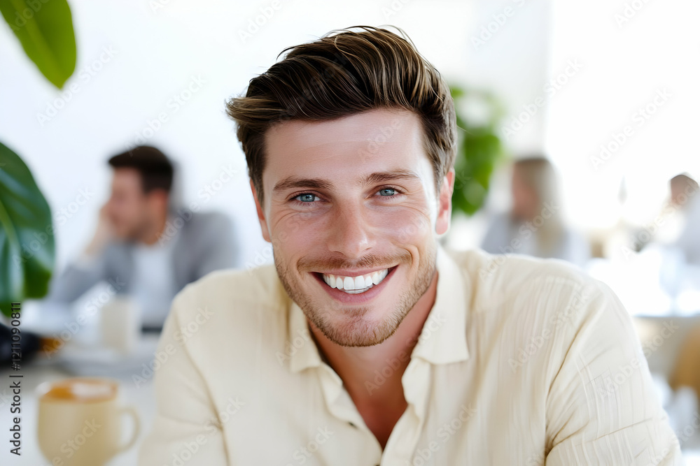 Poster portrait of a smiling man in a casual office setting with colleagues in the background.
