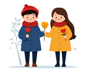 Couple holding leaves and flowers, bright colors
