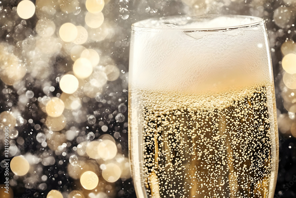 Poster sparkling wine fills a glass with bubbles and froth against a golden bokeh background