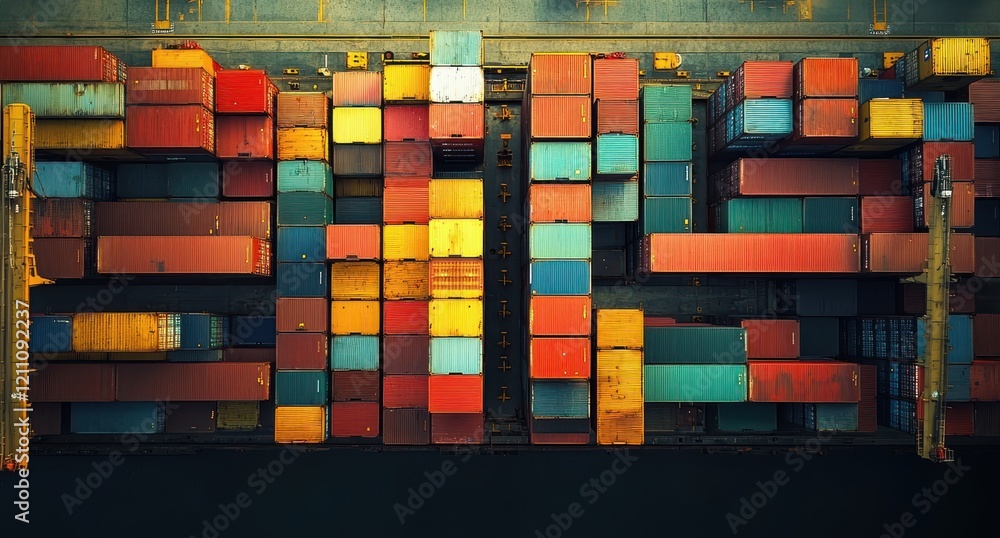 Poster aerial view of colorful shipping containers stacked in a port, creating an intriguing pattern of sha
