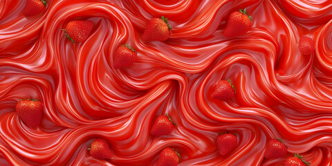 Obraz premium 3D Rendered Strawberries Floating in a Swirling, Glossy Red Liquid Background.