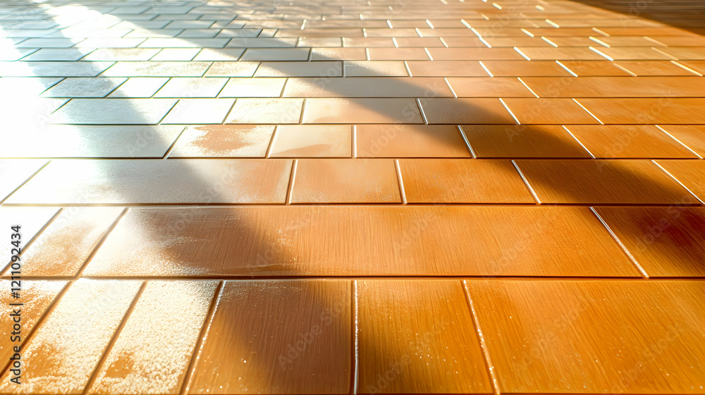 Poster sunlight streams across a polished orange tile floor, creating bright highlights and long shadows.