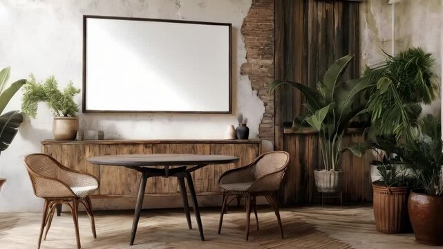 Cozy dining setup with greenery in rustic interior space