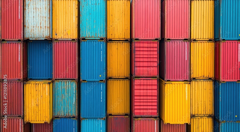 Poster aerial view of stacked colorful shipping containers at a dock, showcasing vibrant colors and industr