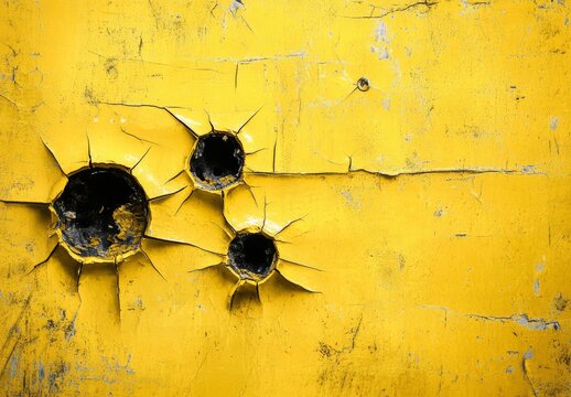 Bullet holes in a yellow metal sheet, grunge background	
