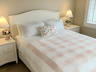 Inviting Bedroom Interior Shows a Made Bed with Pink Accents and Matching Nightstands Neatly Positioned Quietly