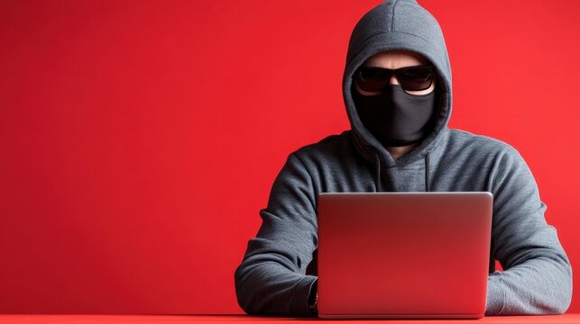 Hacker working on laptop in dark hoodie