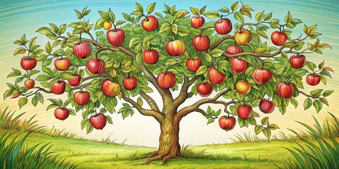 Hand-Drawn Apple Tree Line Art, Apple Tree Sketch, Simple Apple Tree Drawing,  Fruit Tree Illustration, Apple Harvest Drawing