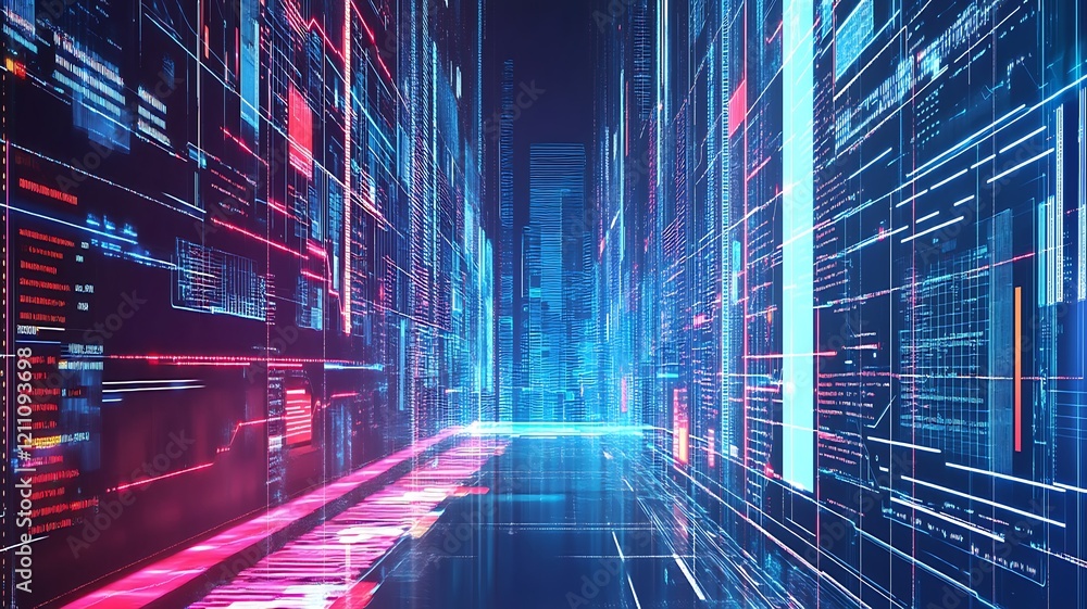 Poster digital cityscape neon lines code architecture
