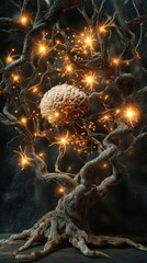 Obraz premium Mystical Brain Tree with Glowing Lights and Twisting Branches in a Dark Forest Enchantment - Conceptual Art of Knowledge and Imagination Illuminated