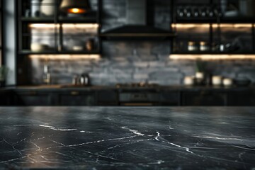 Empty black marble table top on blurred kitchen background for product display