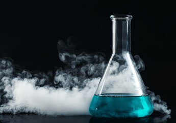 Experiment demonstrating chemical reaction with blue liquid and vapor rising from glass flask	