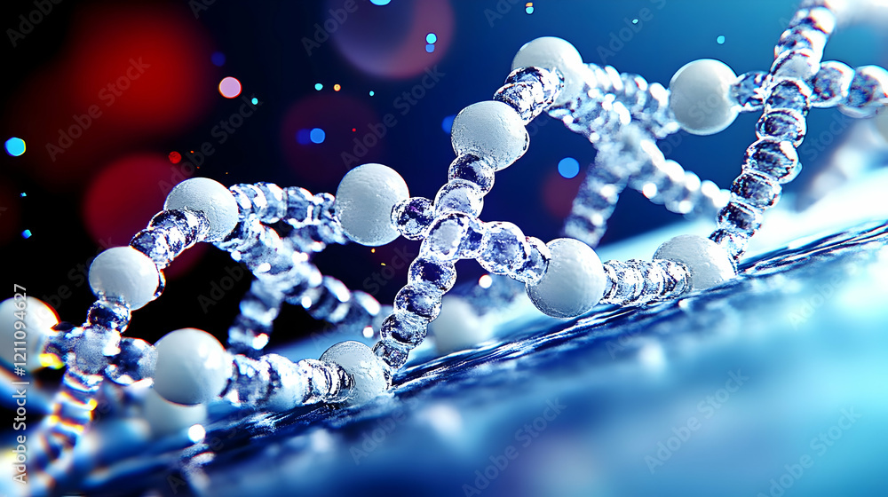Poster 3d rendered dna molecule structure illustration on a blue background with bokeh effects.