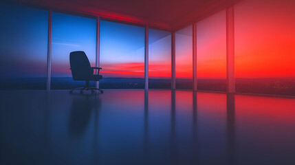 Fototapeta premium Empty Office Chair Sits Facing a Vibrant Sunset View Through Large Windows at Dusk or Dawn
