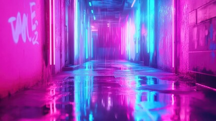 Neon Lit Wet Alleyway Reflecting Vibrant Colors