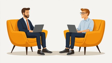 3D cartoon men collaborating with laptops in modern chairs