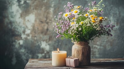 A rustic wooden table with a vase of wildflowers, a candle, and a small gift box