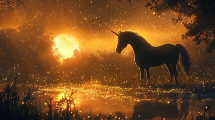 Digital artwork depicting a serene, mystical scene features a silhouette of a horse standing by a reflective water body, surrounded by lush foliage dominated by a large, glowing full moon background