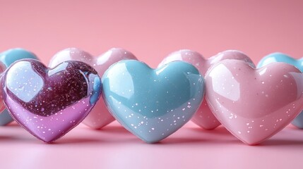Obraz premium Pink background, glossy hearts, row, sparkle, Valentine's