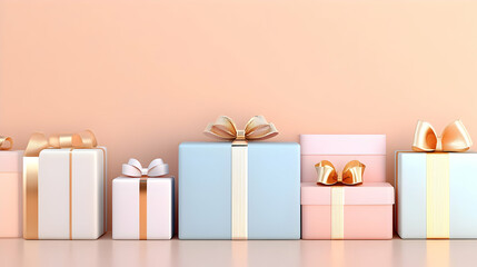 3D Gift Boxes with Ribbons and Bows on Peach Background