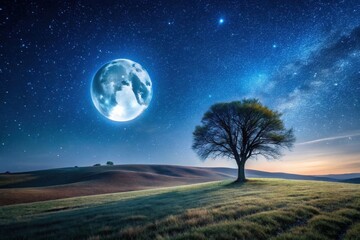 Serene Night Landscape Solitary Tree Underneath a Giant Moon and Starry Sky