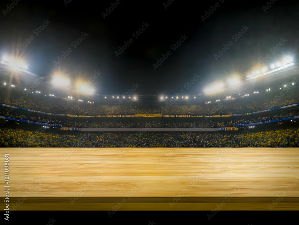 Poster empty wooden table top with blurred stadium background with crowd cheering in stands