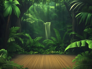 Lush Jungle Scene Shows Waterfall and Wooden Deck Amidst Tropical Greenery Tranquilly.