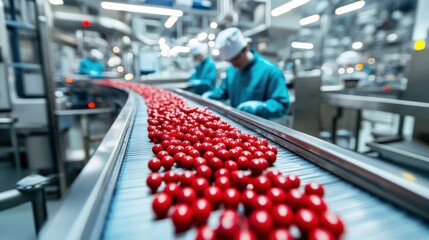 Obraz premium Red Candies on a Conveyor Belt in a Modern Factory