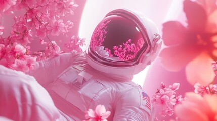 Obraz premium Astronaut rests in pink cherry blossoms, lunar backdrop, surreal scene