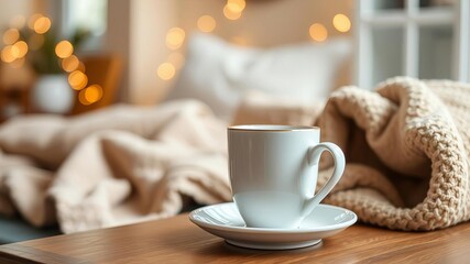 Hot drink in a ceramic cup on a cozy coffee table in a stylish home interior setting, cup, relaxation, warm