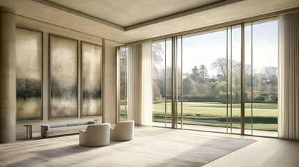 Fototapeta premium Modern Interior Design Showcases a Serene Living Room with Large Windows Overlooking a Green Garden View.