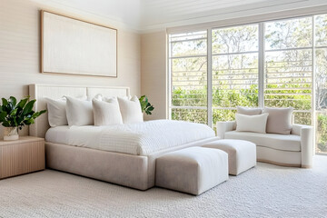 Fototapeta premium Neutral Bedroom Interior Design Showcases a Modern Platform Bed with Plush Pillows and Textured Carpet