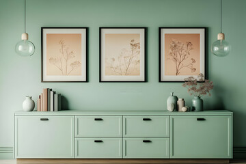 Modern Interior Design with Botanical Prints and Green Accents Creates a Tranquil Atmosphere.