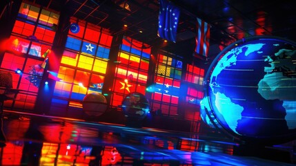 Global Illumination A Futuristic Vision of International Unity and Connectivity Through Vibrant Stained Glass and Digital Globe