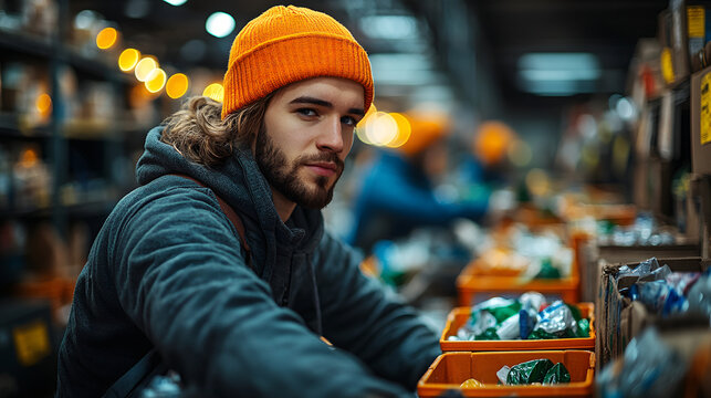 young man working in a recycling plant separating plastic waste. ecological waste management concept