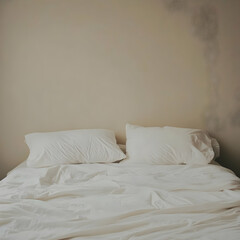 Unmade Bed with White Linens and Pillows in a Bedroom with Soft Lighting Creates a Cozy Atmosphere