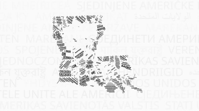 Louisiana intro animation. State with counties illustration video. Background with state names in various languages. Counties of Louisiana animation. Artistic video.